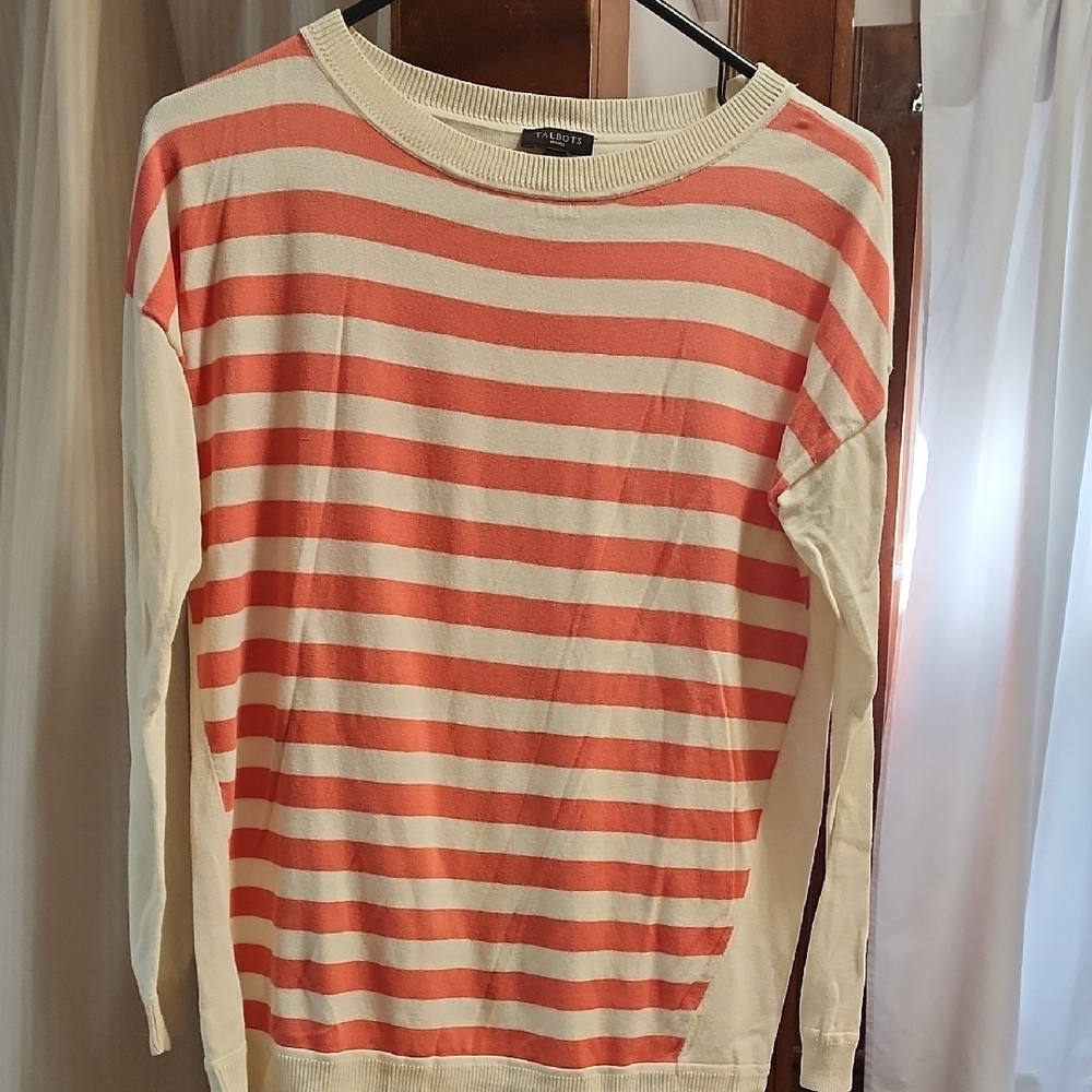 Talbots Coral and Cream Striped Pullover
